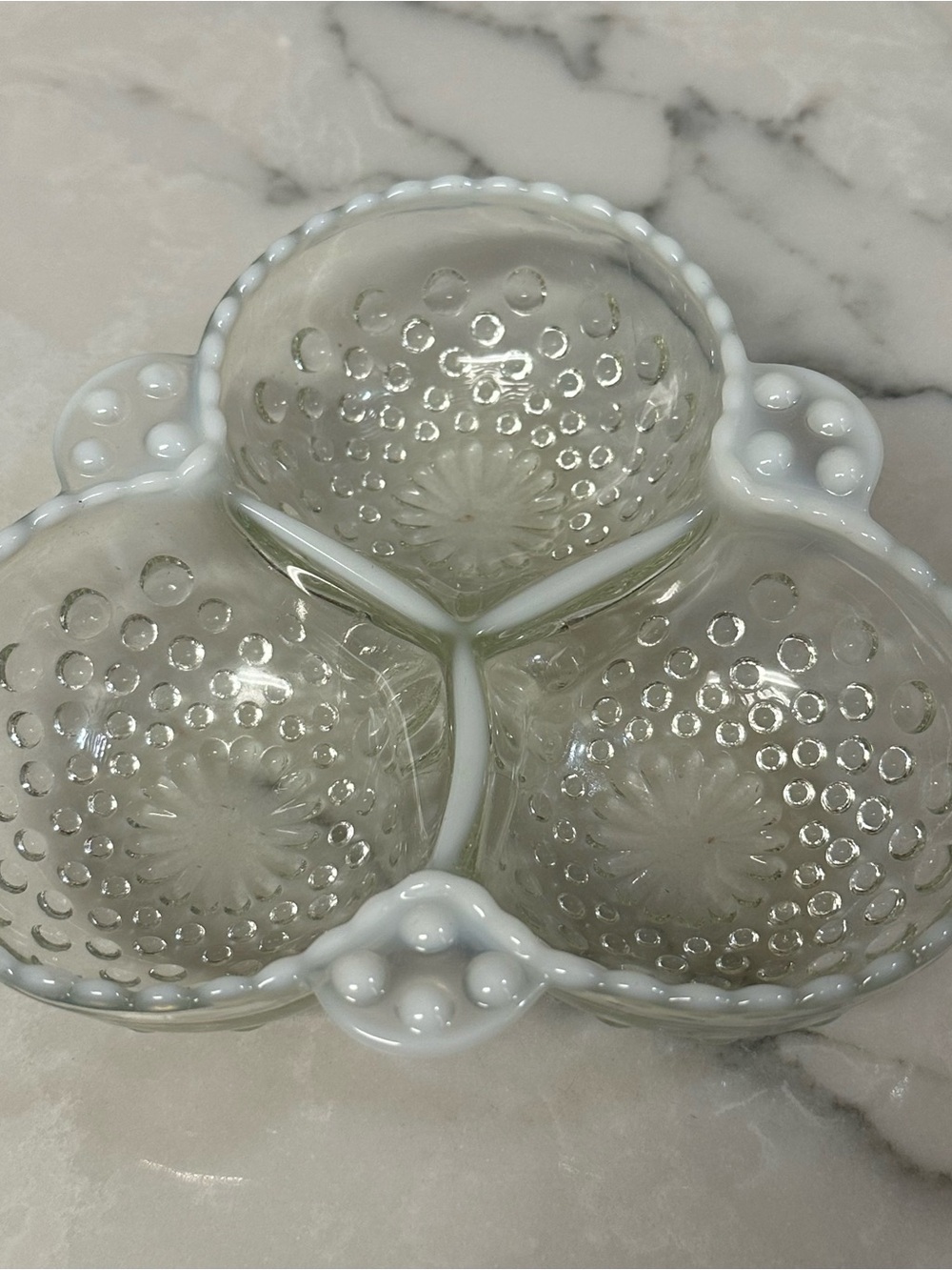 vintage Moonstone Opalescent Hobnail 3-part divided relish dish